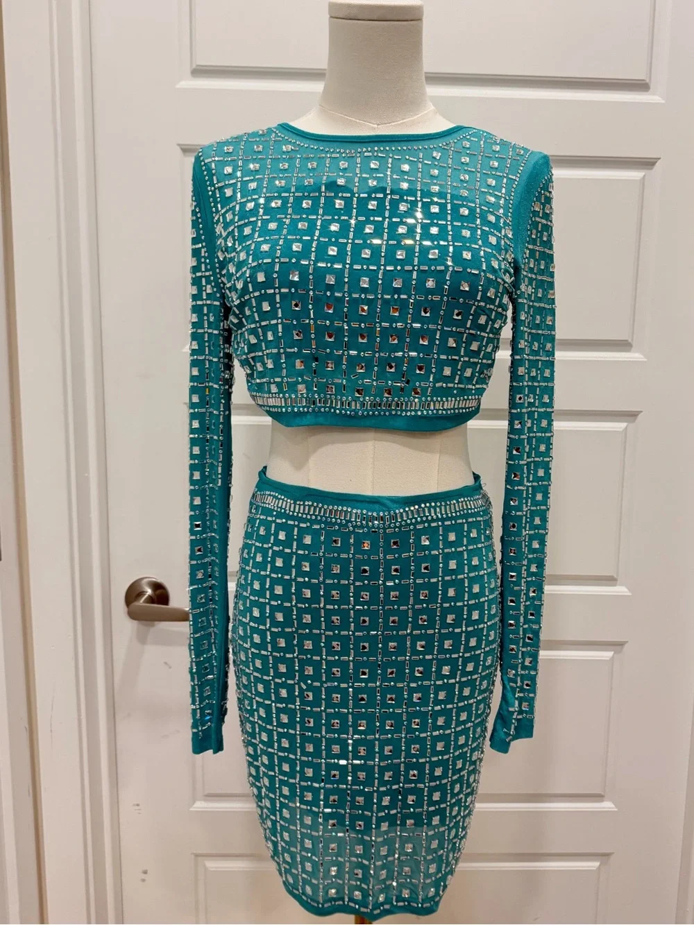 Fashion Nova Teal Embellished Two-Piece Skirt Set